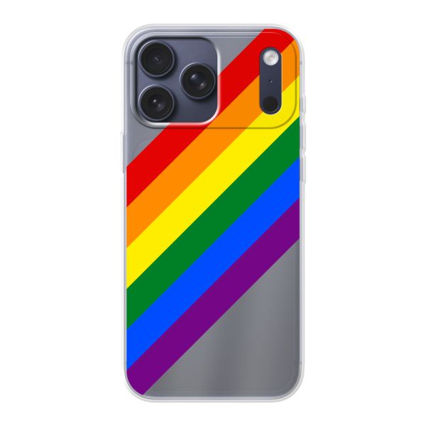 Funda iPhone 17 Pro Max flexible transparente con arcoíris diagonal - rayas Pride