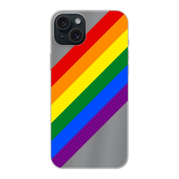 Funda iPhone 15 Plus flexible transparente con arcoíris diagonal - rayas Pride