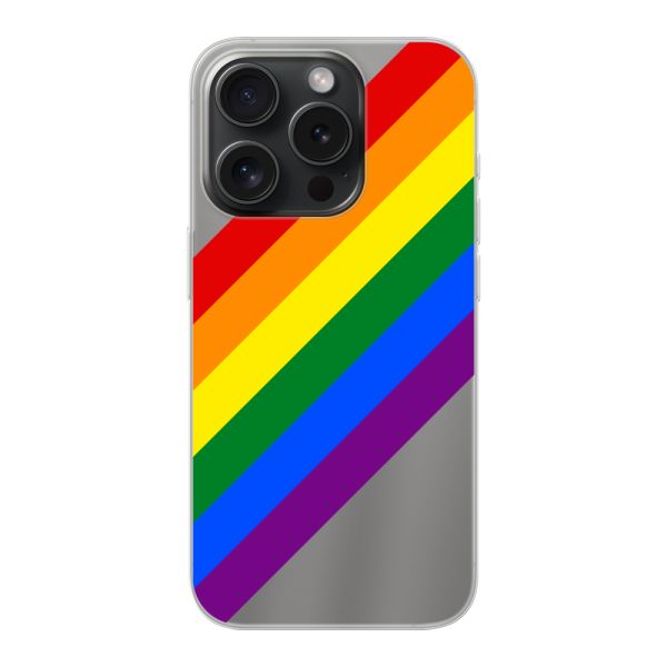 Funda iPhone 15 Pro flexible transparente con arcoíris diagonal - rayas Pride