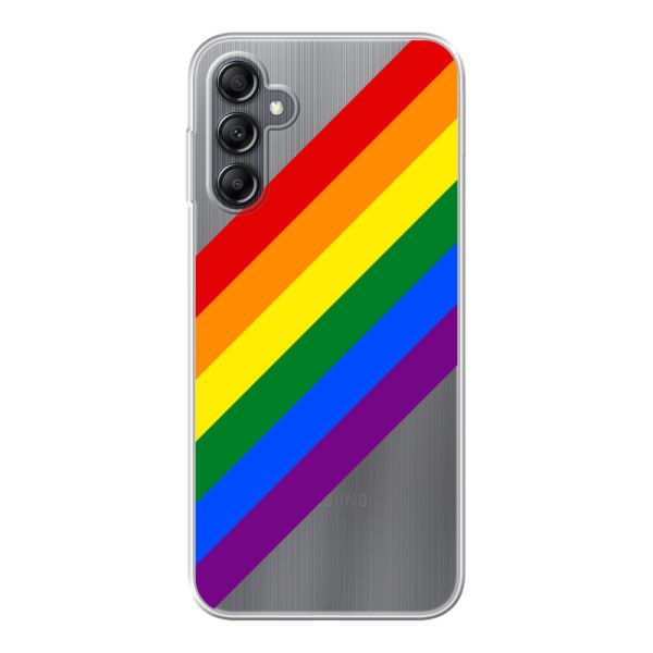 Funda Samsung Galaxy A14 flexible transparente con arcoíris diagonal - rayas Pride