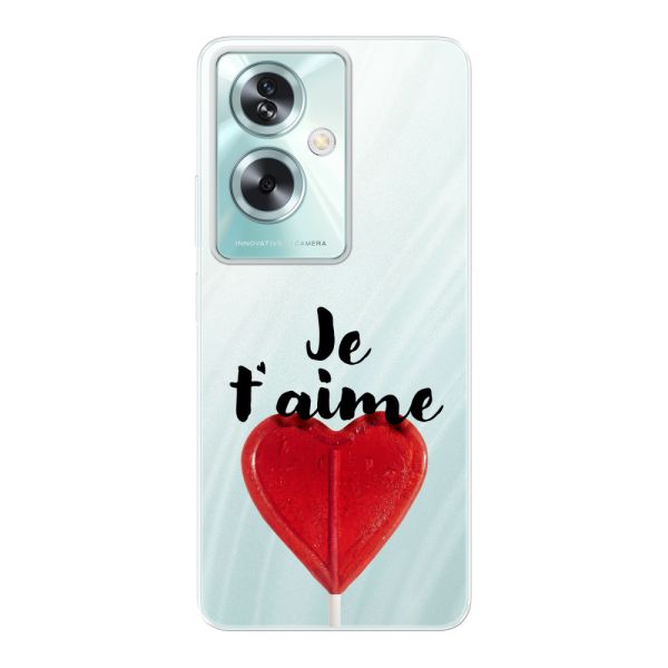 Funda Oppo A79 flexible transparente con piruleta en forma de corazón - Je t'aime