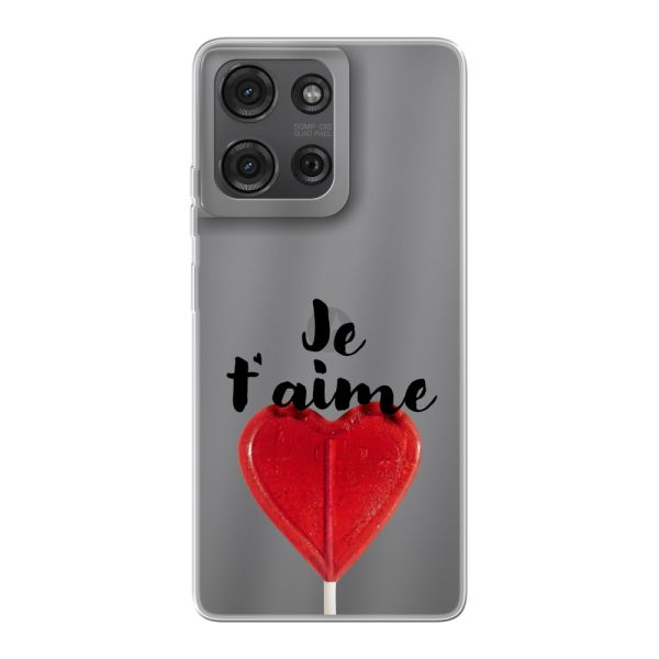 Funda Motorola Moto G75 flexible transparente con piruleta en forma de corazón - Je t'aime