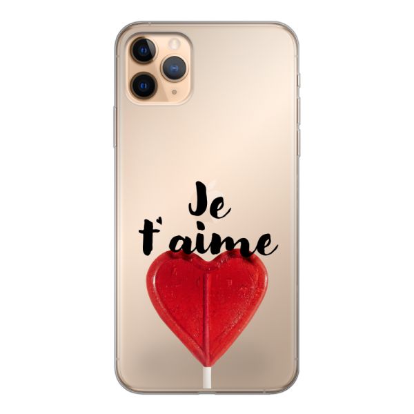 Funda iPhone 11 Pro Max flexible transparente con piruleta en forma de corazón - Je t'aime