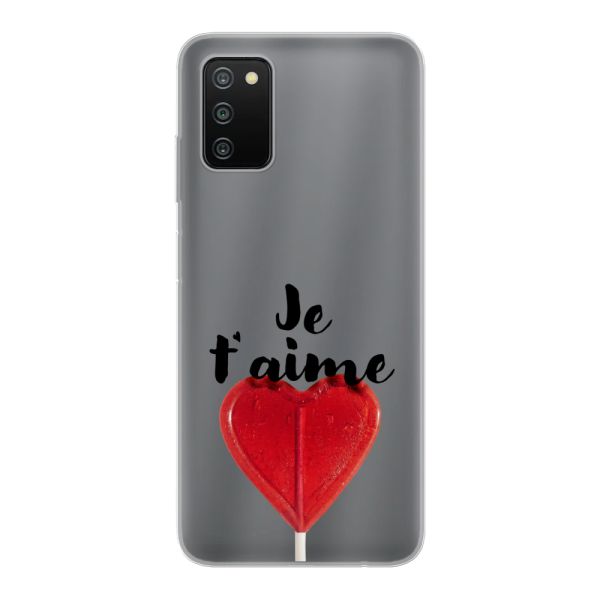 Funda Samsung Galaxy A03s flexible transparente con piruleta en forma de corazón - Je t'aime