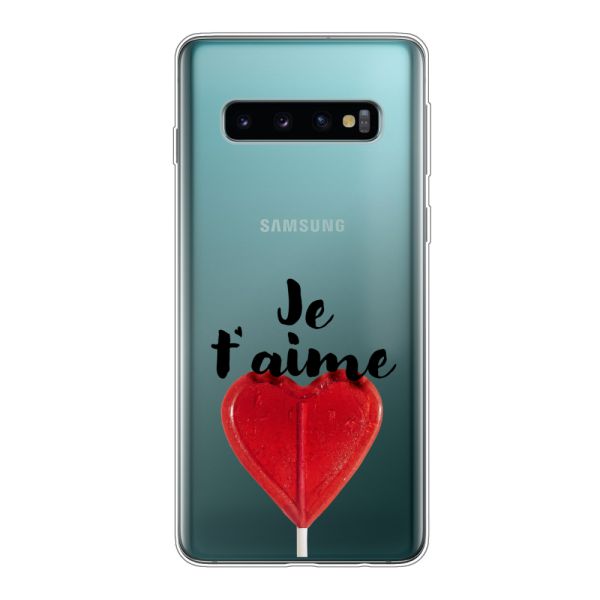 Funda Samsung Galaxy S10 flexible transparente con piruleta en forma de corazón - Je t'aime