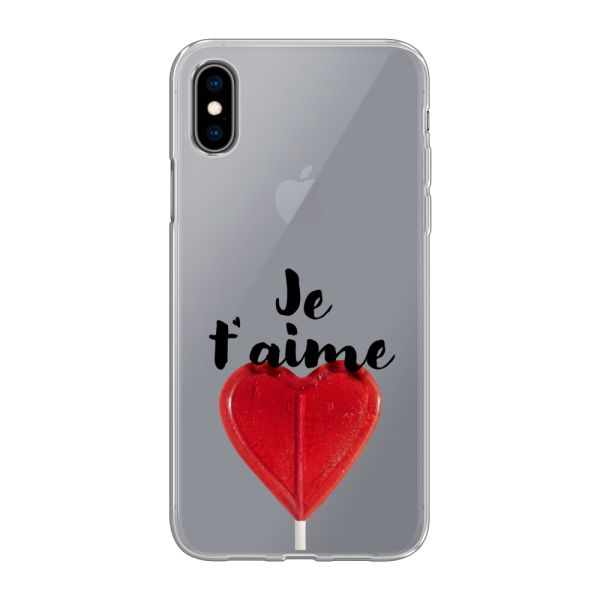 Transparente flexible iPhone X Hülle mit herzförmigem Lutscher - Je t'aime