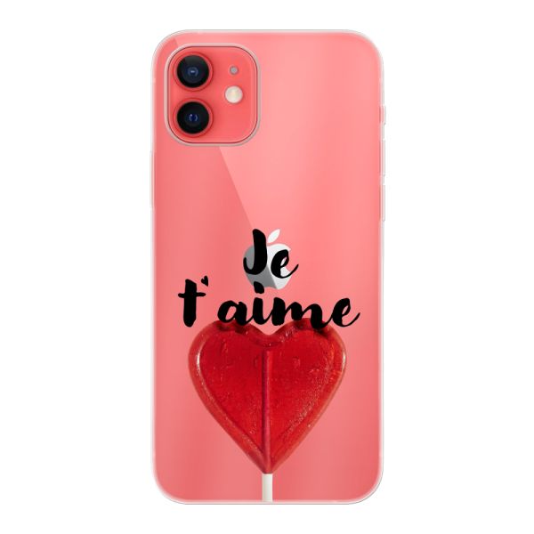 Transparente flexible iPhone 12 Hülle mit herzförmigem Lutscher - Je t'aime
