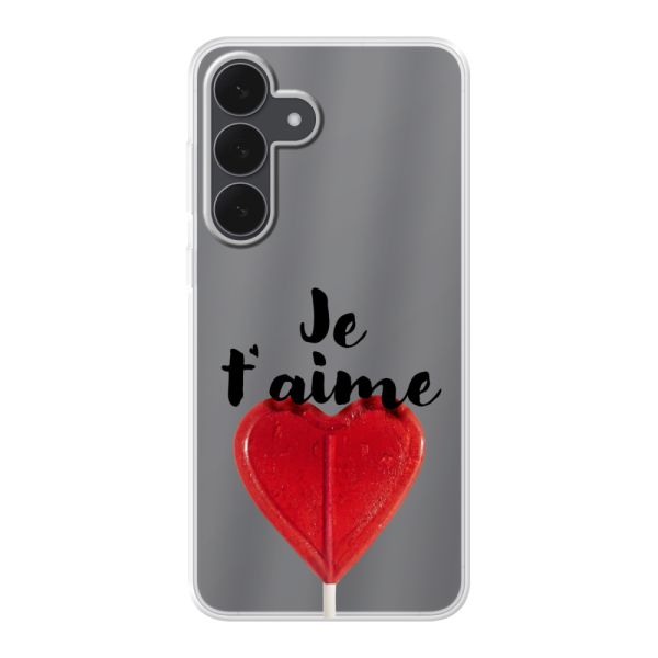 Funda Samsung Galaxy S25 FE flexible transparente con piruleta en forma de corazón - Je t'aime