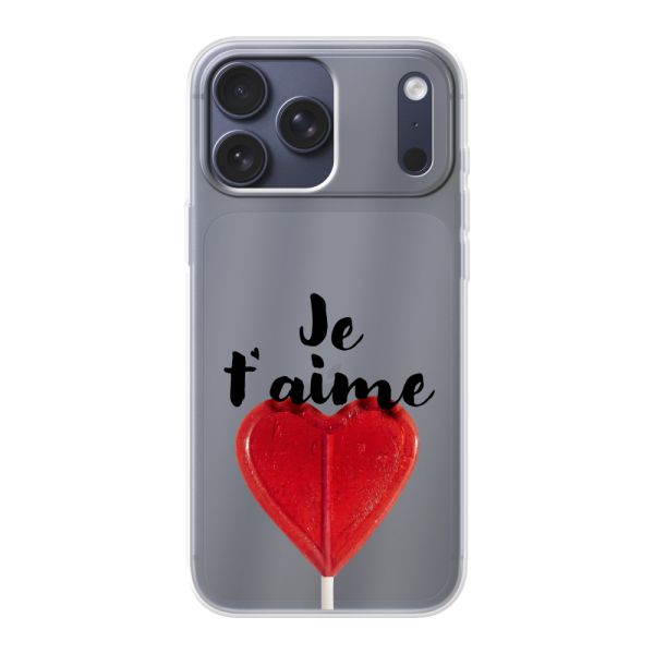 Coque iPhone 17 Pro Max flexible transparente avec sucette en forme de cœur - Je t'aime