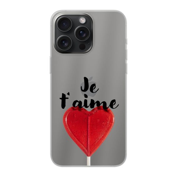 Transparente flexible iPhone 15 Pro Max Hülle mit herzförmigem Lutscher - Je t'aime