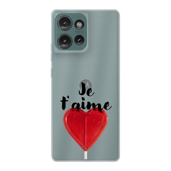 Funda Motorola Edge 50 flexible transparente con piruleta en forma de corazón - Je t'aime