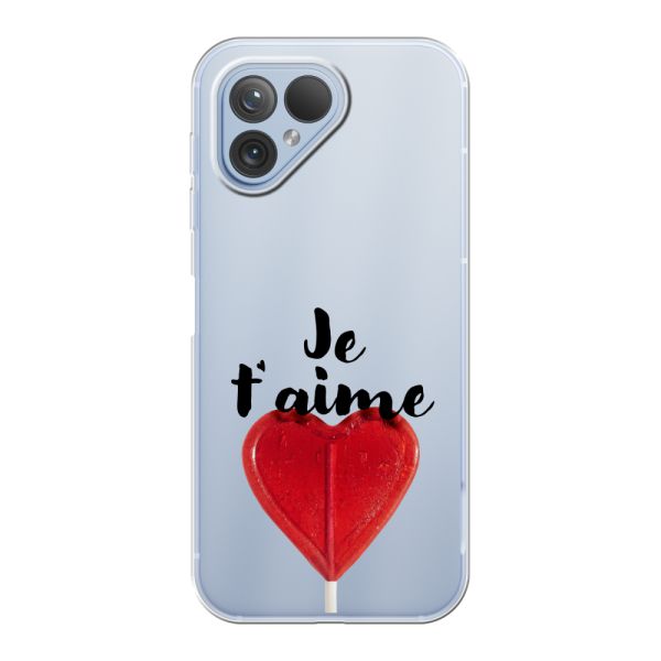 Funda Fairphone 5 flexible transparente con piruleta en forma de corazón - Je t'aime