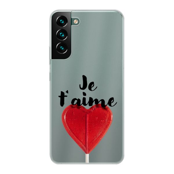Funda Samsung Galaxy S22 Plus flexible transparente con piruleta en forma de corazón - Je t'aime