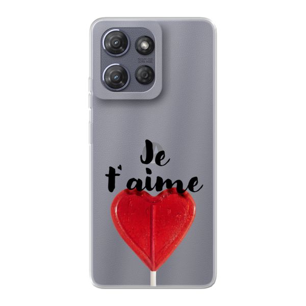 Funda Motorola Moto G Power (2025) flexible transparente con piruleta en forma de corazón - Je t'aime