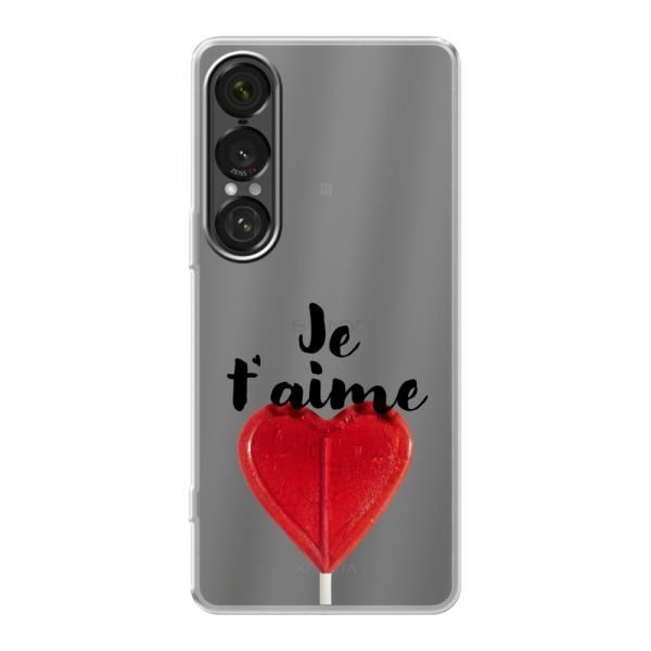 Funda Sony Xperia 1 VII flexible transparente con piruleta en forma de corazón - Je t'aime