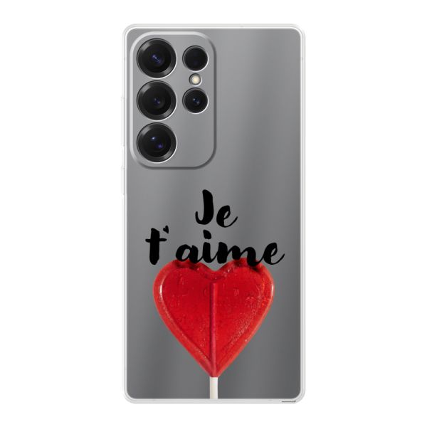 Funda Samsung Galaxy S25 Ultra flexible transparente con piruleta en forma de corazón - Je t'aime