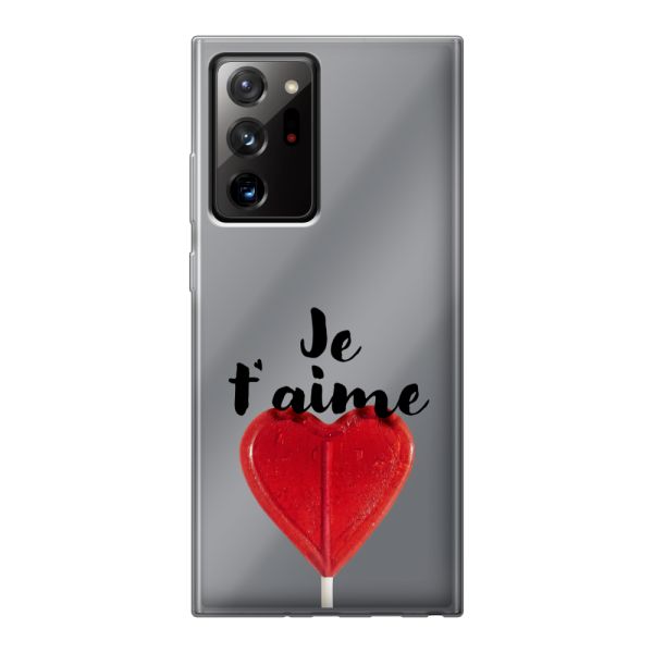Funda Samsung Galaxy Note 20 Ultra flexible transparente con piruleta en forma de corazón - Je t'aime