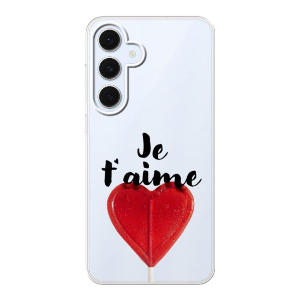 Funda Samsung Galaxy S24 FE flexible transparente con piruleta en forma de corazón - Je t'aime