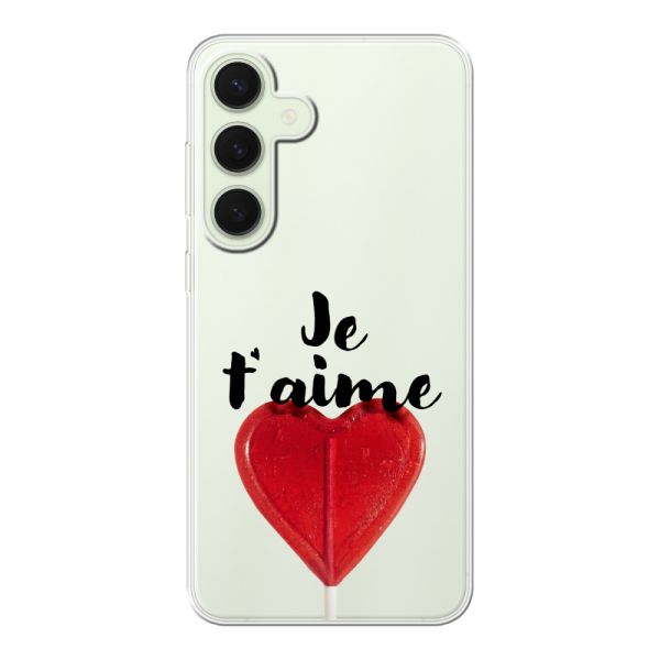 Coque Samsung Galaxy S25 Plus flexible transparente avec sucette en forme de cœur - Je t'aime