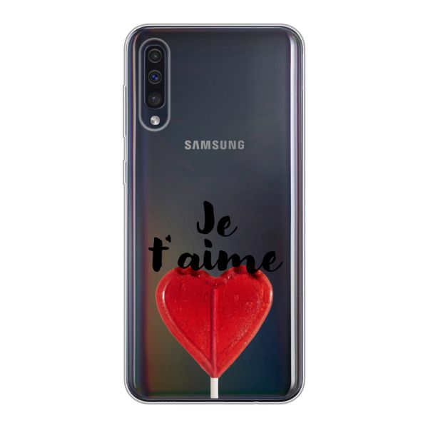 Funda Samsung Galaxy A30s flexible transparente con piruleta en forma de corazón - Je t'aime