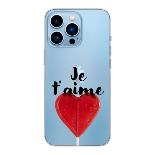 Transparente flexible iPhone 13 Pro Max Hülle mit herzförmigem Lutscher - Je t'aime