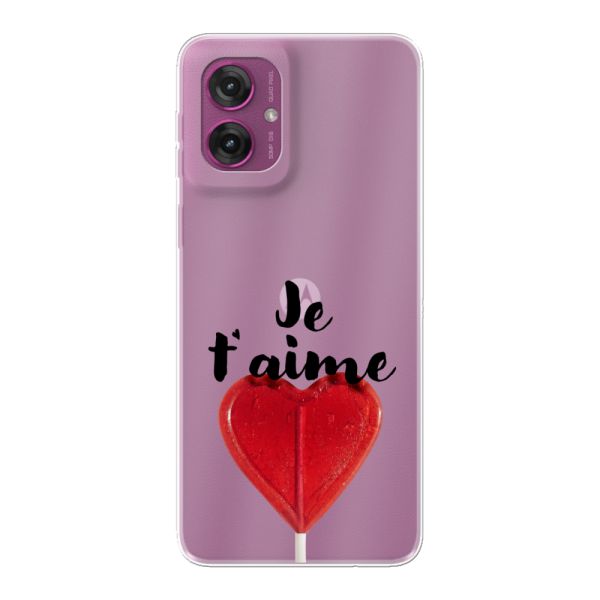 Funda Motorola Moto G55 flexible transparente con piruleta en forma de corazón - Je t'aime