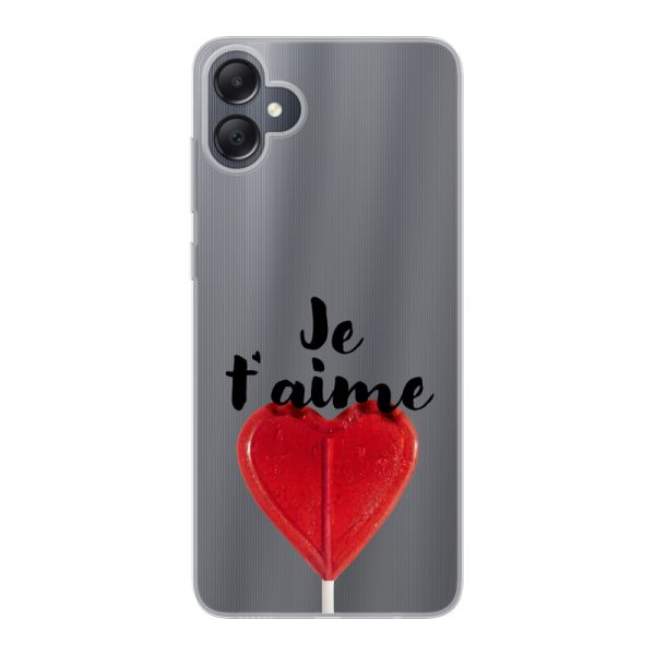 Funda Samsung Galaxy A05 flexible transparente con piruleta en forma de corazón - Je t'aime