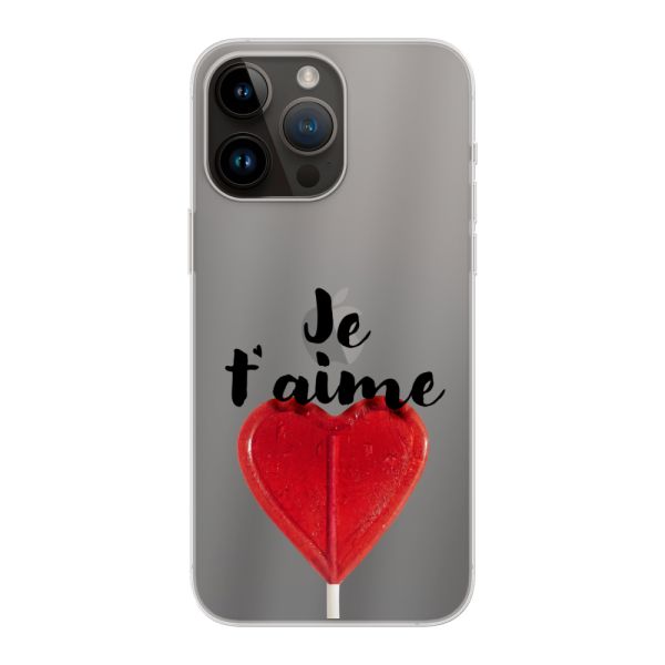 Transparente flexible iPhone 14 Pro Max Hülle mit herzförmigem Lutscher - Je t'aime