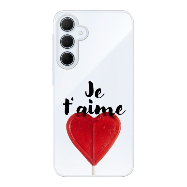Funda Samsung Galaxy A35 flexible transparente con piruleta en forma de corazón - Je t'aime
