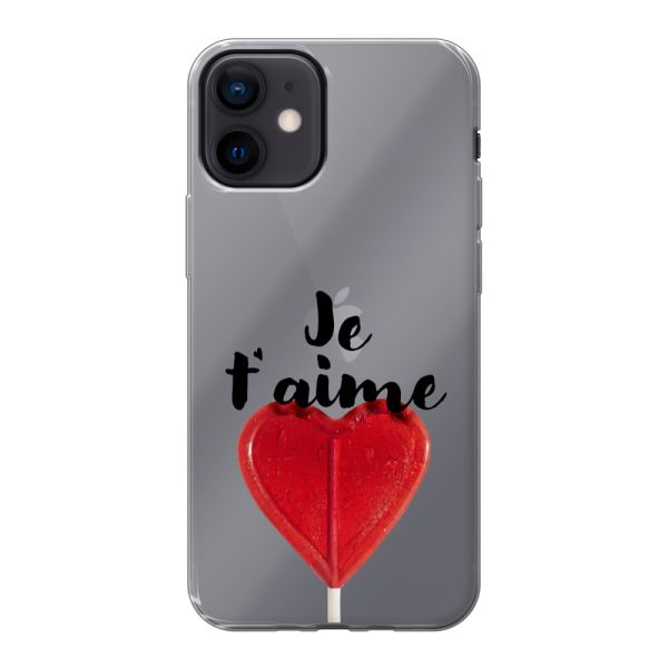 Funda iPhone 12 mini flexible transparente con piruleta en forma de corazón - Je t'aime