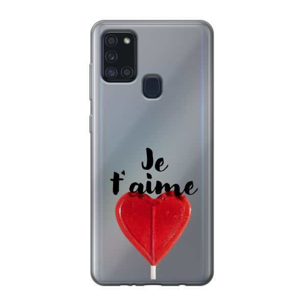 Transparant flexibel Samsung Galaxy A21s hoesje met Hartvormige Lolly - Je t'aime