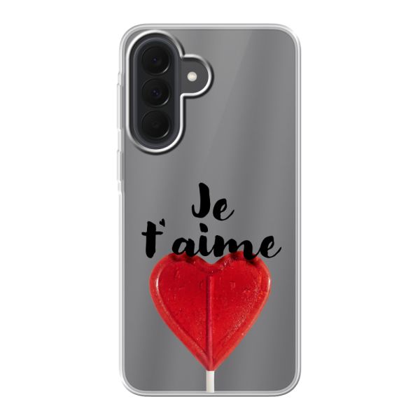 Funda Samsung Galaxy A37 flexible transparente con piruleta en forma de corazón - Je t'aime