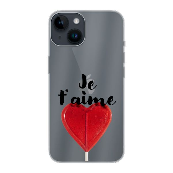 Transparente flexible iPhone 14 Hülle mit herzförmigem Lutscher - Je t'aime