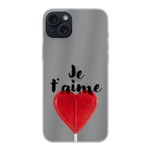 Transparente flexible iPhone 15 Plus Hülle mit herzförmigem Lutscher - Je t'aime