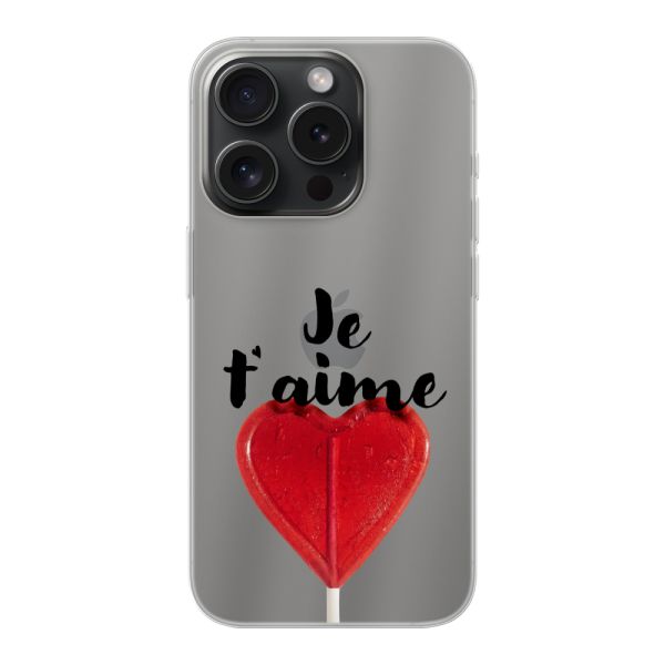 Funda iPhone 15 Pro flexible transparente con piruleta en forma de corazón - Je t'aime