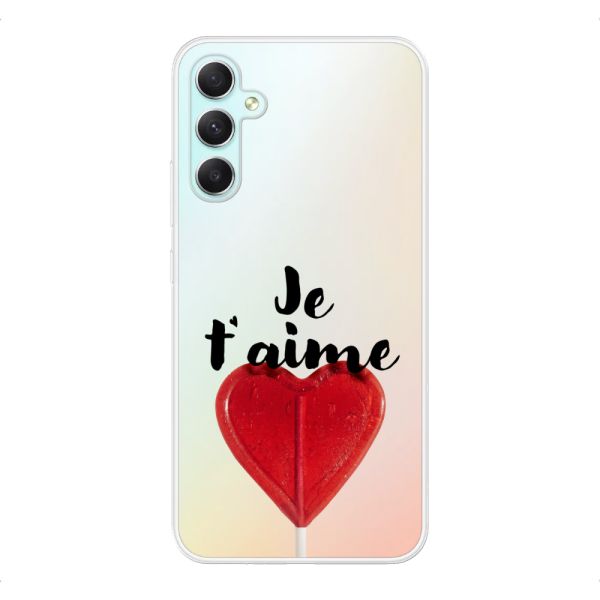 Funda Samsung Galaxy A34 flexible transparente con piruleta en forma de corazón - Je t'aime