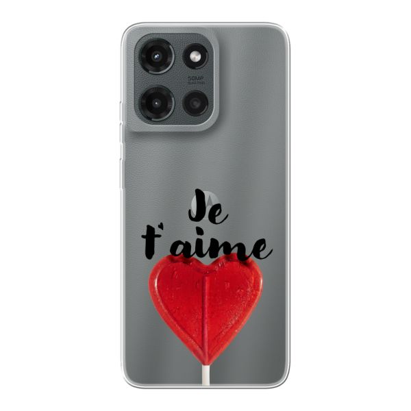 Funda Motorola Moto G (2025) flexible transparente con piruleta en forma de corazón - Je t'aime