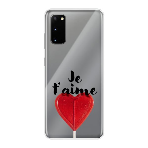 Funda Samsung Galaxy S20 flexible transparente con piruleta en forma de corazón - Je t'aime