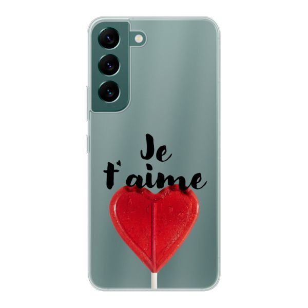 Funda Samsung Galaxy S22 flexible transparente con piruleta en forma de corazón - Je t'aime