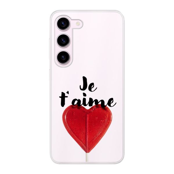 Funda Samsung Galaxy S23 flexible transparente con piruleta en forma de corazón - Je t'aime