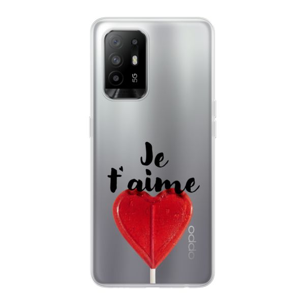 Funda Oppo A94 5G flexible transparente con piruleta en forma de corazón - Je t'aime