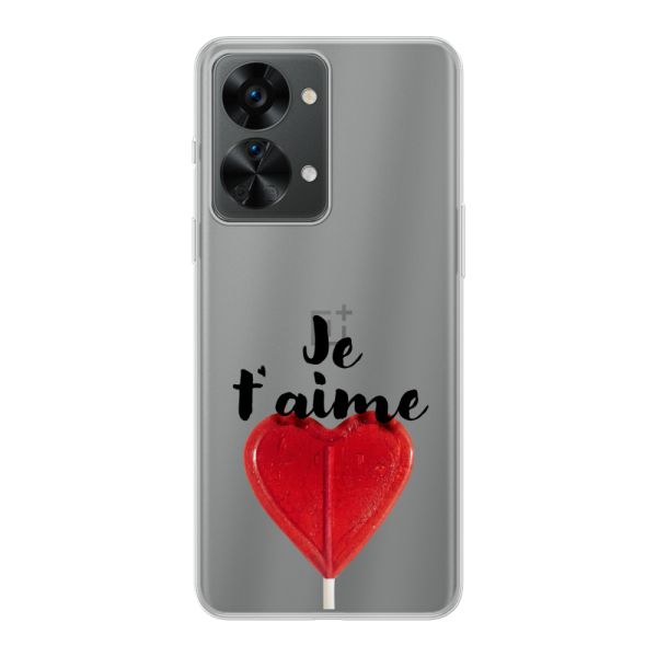 Funda OnePlus Nord 2T flexible transparente con piruleta en forma de corazón - Je t'aime