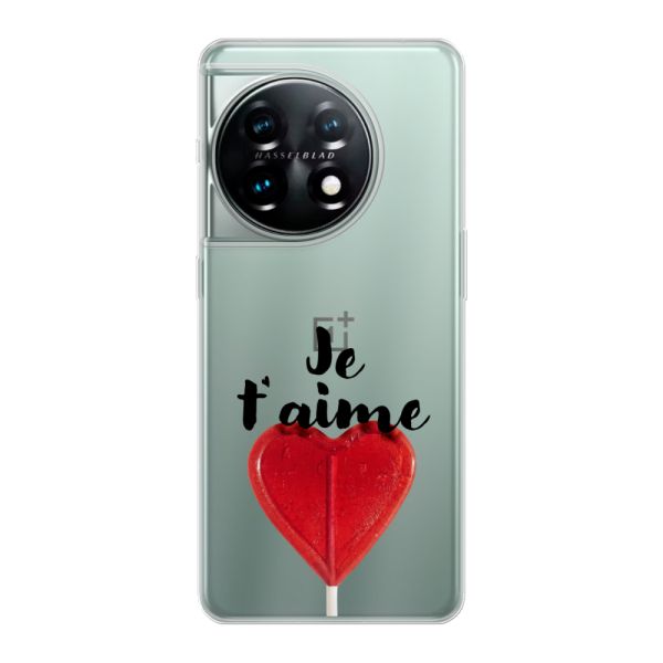 Funda OnePlus 11 flexible transparente con piruleta en forma de corazón - Je t'aime
