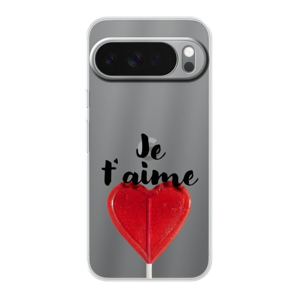 Funda Google Pixel 10 Pro XL flexible transparente con piruleta en forma de corazón - Je t'aime
