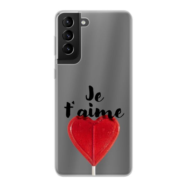 Funda Samsung Galaxy S21 5G flexible transparente con piruleta en forma de corazón - Je t'aime