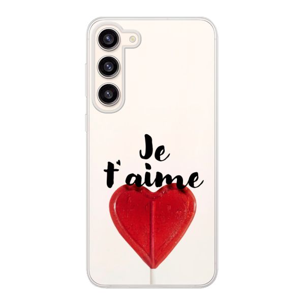 Funda Samsung Galaxy S23 Plus flexible transparente con piruleta en forma de corazón - Je t'aime