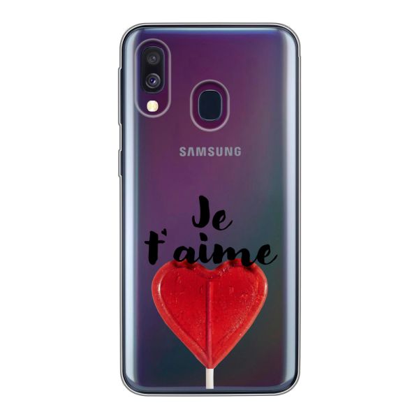 Funda Samsung Galaxy A40 flexible transparente con piruleta en forma de corazón - Je t'aime