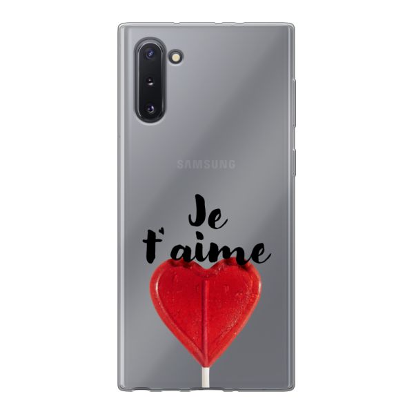 Funda Samsung Galaxy Note 10 flexible transparente con piruleta en forma de corazón - Je t'aime