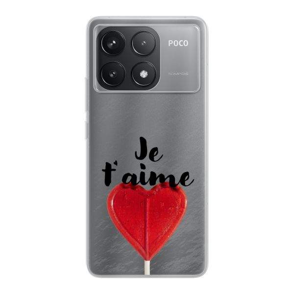 Funda Xiaomi Poco F6 Pro flexible transparente con piruleta en forma de corazón - Je t'aime