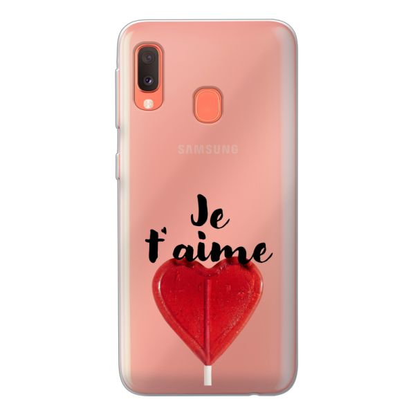 Funda Samsung Galaxy A20e flexible transparente con piruleta en forma de corazón - Je t'aime